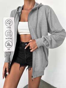 EURMUSE Plus Size 100%Cotton Solid Zip Up Drawstring Hoodie - Light Grey - View 1