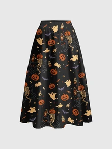ROMWE Fairycore Plus Size Gothic Pumpkin Print Dark Vacation Skirt - Black - View 1