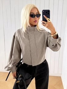 SHEIN EZwear 女款素色拉鍊休閒日常長袖夾克 - 卡其色 - 查看 8