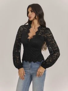 SHEIN Tall Spring/Summer Women's Pure Black Sheer Lantern Sleeve Fitted Elegant Lace Top - Black - View 3