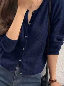 INAWLY 女款時尚復古鈕扣長袖針織開襟衫 - 藏蓝色 - 查看 4