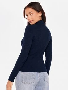 SHEIN BASICS 女款純色高領長袖修身休閒百搭T恤 - 藏蓝色 - 查看 5