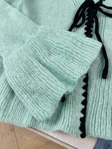 Muvela 女款優雅法式可愛休閒刺繡對比色飾邊前綁帶荷葉邊長袖針織開襟衫，秋季穿搭，青綠色、鴨綠色 - 薄荷藍 - 查看 4