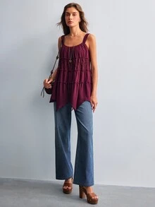 Willow Rêve Women's Lace Patchwork Purple Chiffon Camisole Long Shirt - Purple - View 3