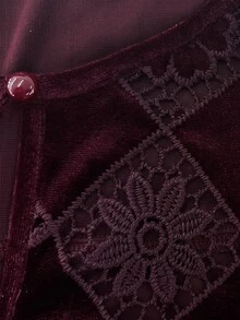 EMERY ROSE Plus Size Women's Round Neck Long Sleeve Hollow Embroidery Patchwork Embroidered Simple Casual Versatile Top - Burgundy - View 6