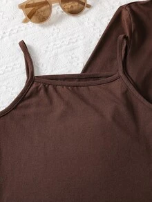 SHEIN 女童 3 件組蝴蝶結印花羅紋針織套裝，拉鍊夾克、細肩帶背心、喇叭褲，休閒日常穿搭 - 咖啡棕 - 查看 10