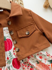 SHEIN 2件組女嬰可愛休閒細肩帶洋裝與棕色外套套裝，舒適休閒多功能時尚日常穿搭，適合室內外、日常生活、運動、玩耍、派對、拍照、度假、節日、開學、街頭風，適用春夏秋冬與萬聖節 - 杏色 - 查看 4