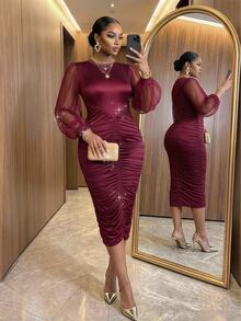 SHEIN Lady CURVE Plus Size Women's Solid Color Round Neck Contrast Mesh Lantern Sleeve Ruched Fitted Elegant Dress - Burgundy - View 6