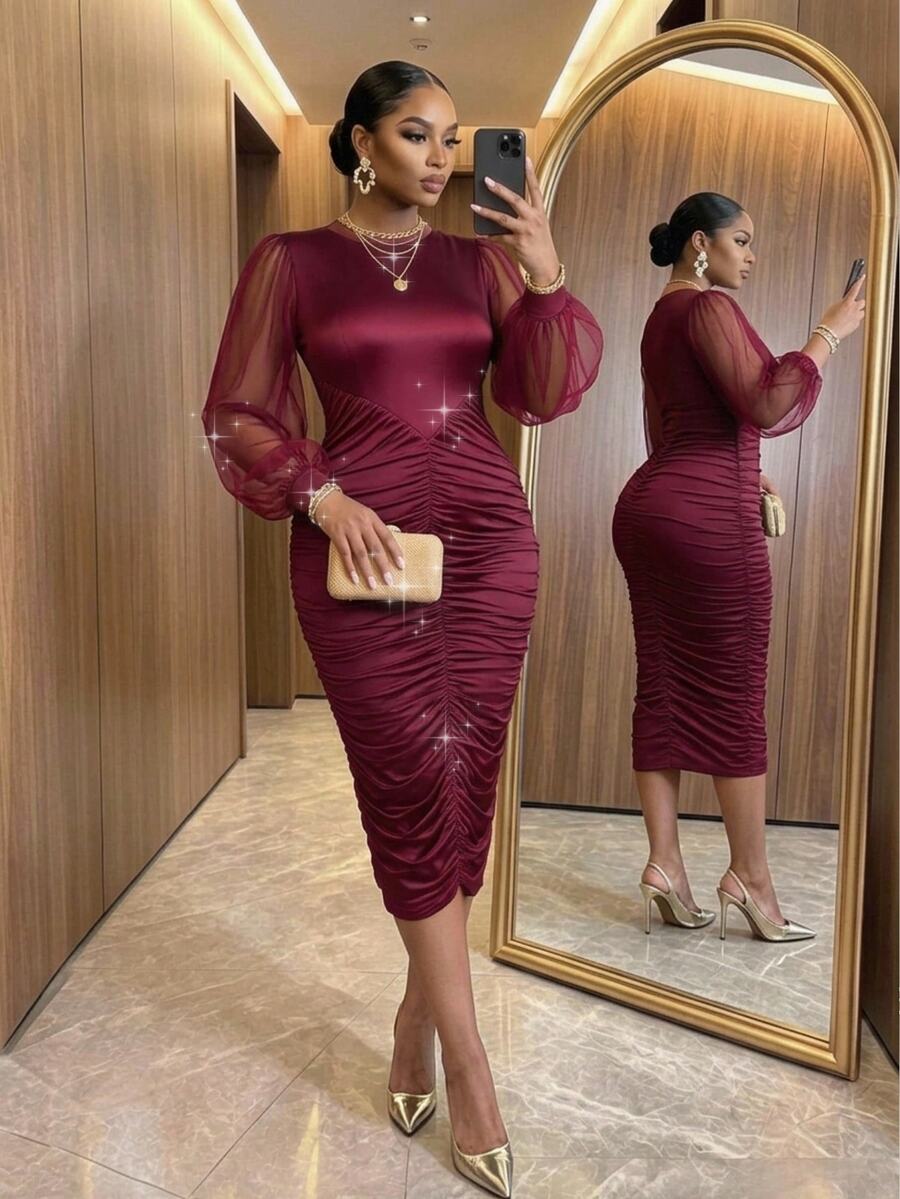 SHEIN Lady CURVE Plus Size Women's Solid Color Round Neck Contrast Mesh Lantern Sleeve Ruched Fitted Elegant Dress - Burgundy - View 1
