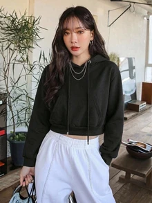 DAZY Women's Solid Color Cropped Sweatshirt - Black - View 5