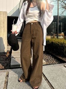 DAZY 女款寬鬆高腰修身直筒牛仔褲，極簡百搭舒適長褲 - 棕色 - 查看 4
