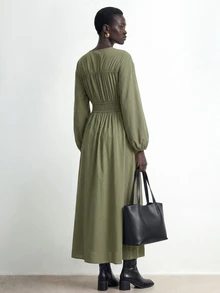 Aalyst Women's Ruched Tie Long Sleeve Dress - Apricot - View 2