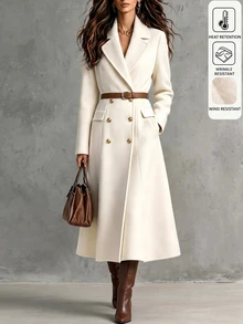 LUMIGAL Women's Autumn/Winter Solid Color Lapel Neck Long Sleeve Double-Breasted Elegant Overcoat - Apricot - View 7