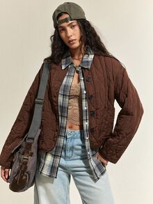SoleilVie Jaket Komuter Lengan Panjang Kancing Saku Bergaya Vintage Prancis - Coklat - View 5