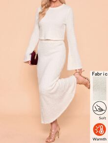 Amorya Women's Round Neck Flared Sleeve Top & A-Line Skirt Winter Fuzzy Soft 2 Pieces Set - White - View 4
