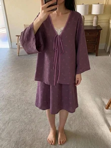 DAZY 2pcs/Set Women's Bow Print Lace Patchwork Loose Sleeveless Camisole Nightgown & Long Cardigan Robe Sleepwear Set - Purple - View 5