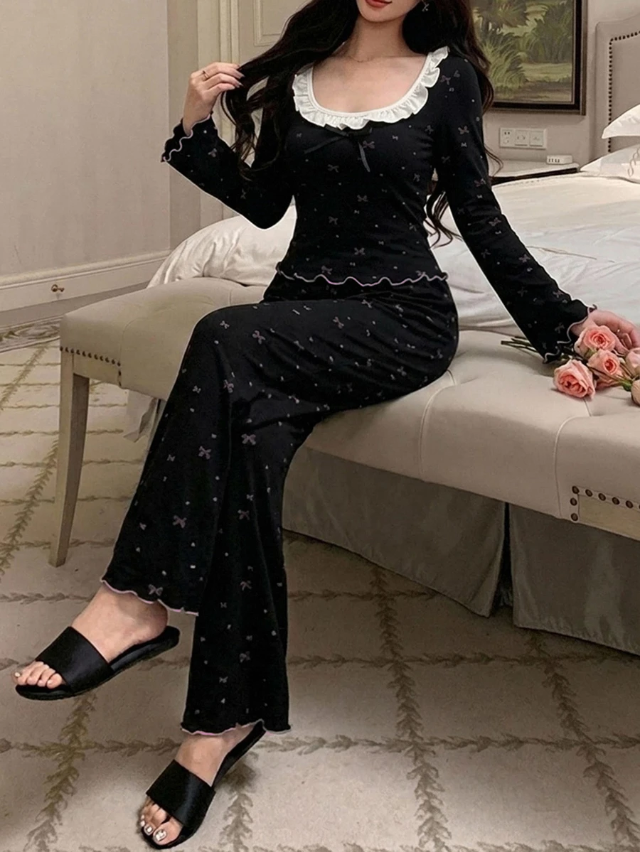 DAZY Women's 2-Piece Pajama Set With Bow Print, Frill Trim, Slim Fit Long Sleeve Top And Long Pants - Black - View 1