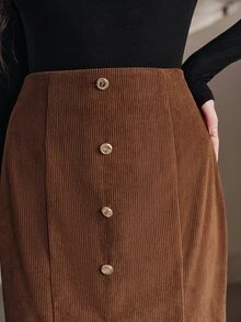 Anewsta Rok Wanita Model Ekor Ikan dengan Hiasan Kancing Warna Cokelat Kopi Modern - Coffee Brown - View 5