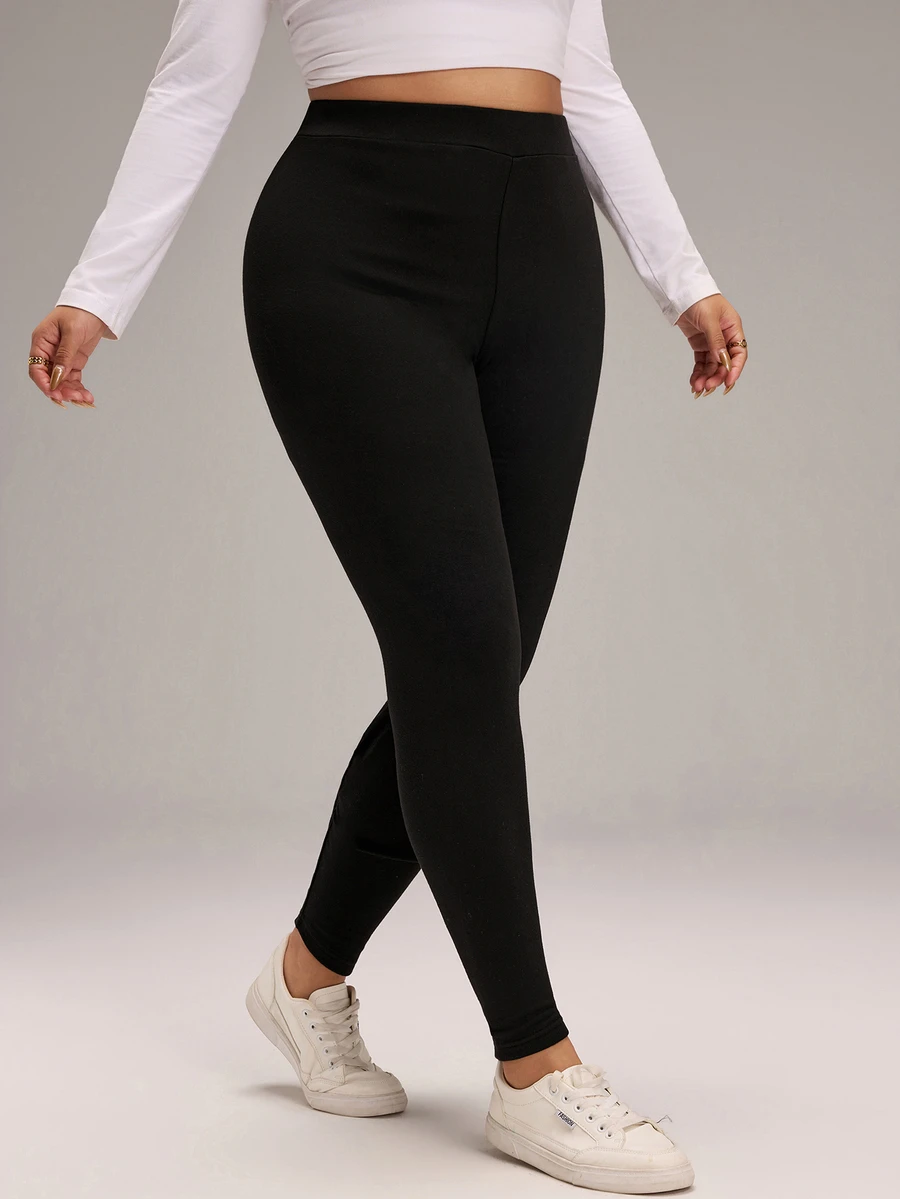 EMERY ROSE Plus Size Women's Solid Color High Waist Casual Versatile Leggings - Black - View 1