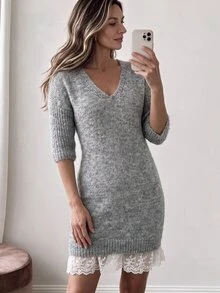 Trelyra Slouchy V-Neck Drop Shoulder Mid-Sleeve Knit Dress, Loose Fit Slimming Grey Atmosphere Knit & Contrast Lace Mini Dress - Grey - View 3