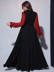 Viva Relle Plus Size Women's Autumn/Winter Elegant Glamorous Sequin & Bead Embellished Long Sleeve Waist-Cinching Flared Flowy Dress For Banquet, Party, Wedding Guest, New Year, Christmas - Multicolor - View 2
