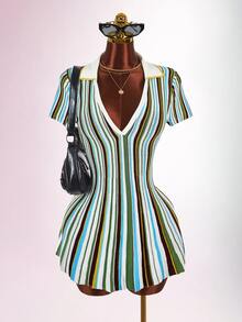 Amplova Colorblock Striped Polo Collar Cinched Waist A-Line Knit Mini Dress - Multicolor - View 1