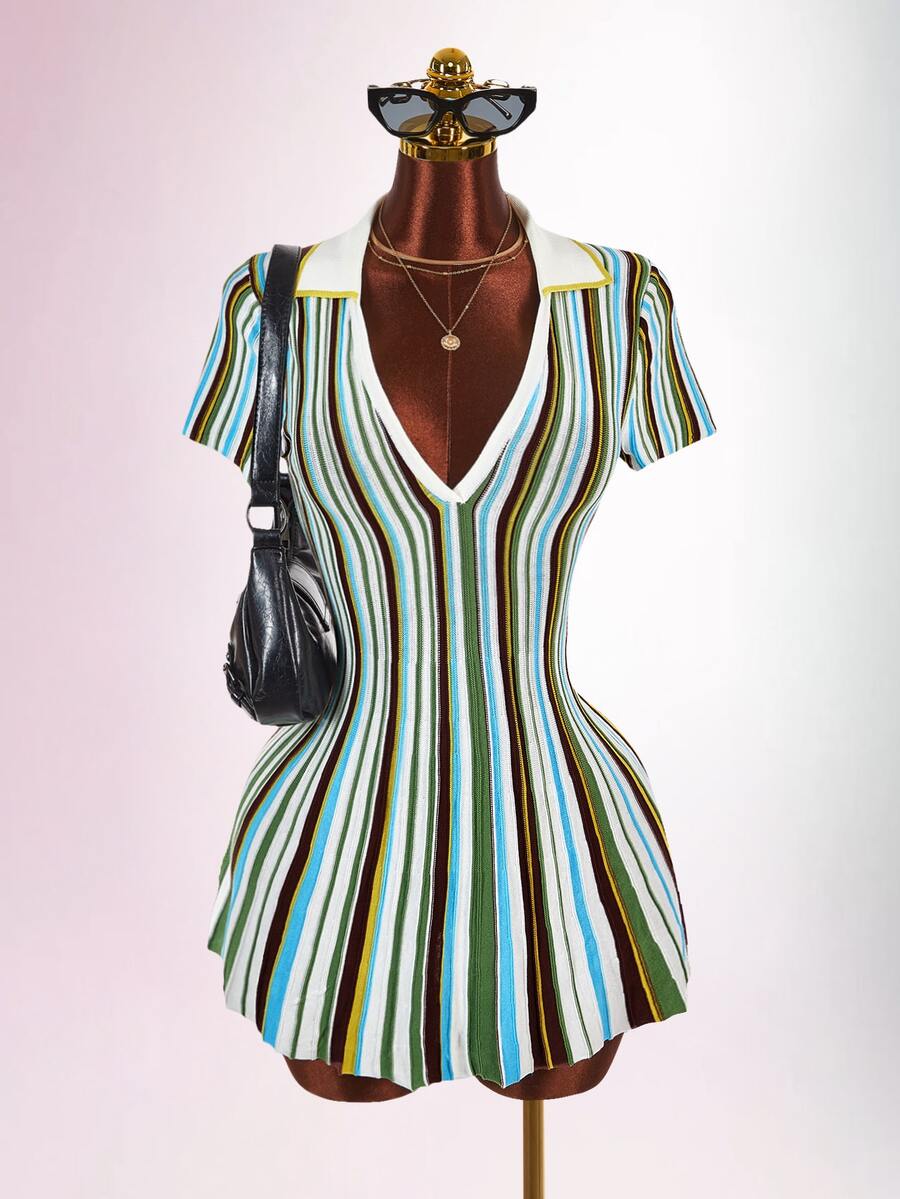 Amplova Colorblock Striped Polo Collar Cinched Waist A-Line Knit Mini Dress - Multicolor - View 1
