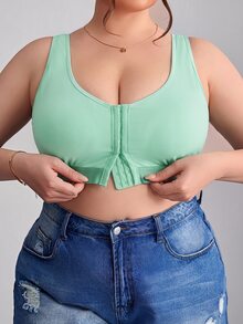 SHEIN CURVE+ 大尺碼簡約純色前扣式內衣背心，Curve Plus，Hoho Vacation - 薄荷綠 - 查看 1