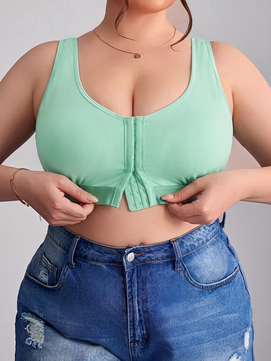 SHEIN CURVE+ 大尺碼簡約純色前扣式內衣背心,Curve Plus,Hoho Vacation - 薄荷綠 - 查看 1
