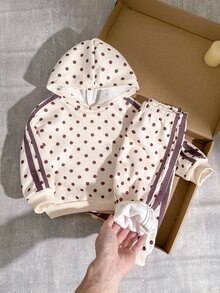 SHEIN 女嬰針織波點連帽休閒衛衣與長褲 2 件套 秋冬款 - 杏色 - 查看 4