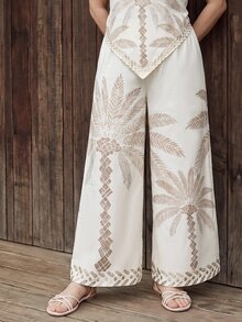 CAJUNI Plus Size Women's Coconut Tree Print Cami Top And Pants Casual Everyday Set - Beige - View 7