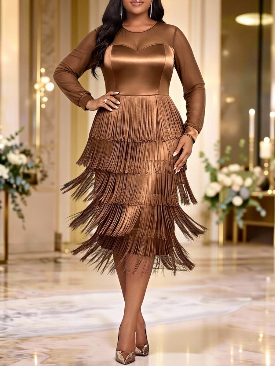 Fleurora Plus Size Solid Color Contrast Mesh Long Sleeve Fringe Dress For Four Seasons - Coffee Brown - View 1