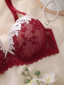DelicateAllure Underwire Molded Cup High Support Push Up Lift Comfy Balconette Lace Trim Mesh Patchwork Pure Romantic Elegant Exquisite Plus Size Bra - Red - View 3