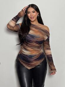 Firerie Plus Size Women's Autumn/Winter Abstract Print Asymmetric Shoulder Ruched T-Shirt - Multicolor - View 4