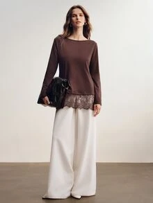 Briarwyn Elegant Solid Color Lace Patchwork Boat Neck Long Sleeve Women's T-Shirt - Coffee Brown - View 6