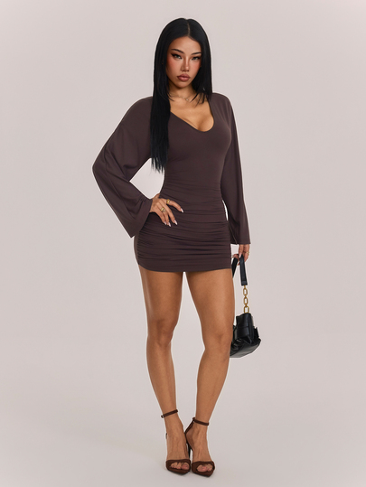 SHEIN PETITE Stylish And Elegant Brown Long-Sleeve Mini Dress For Petite Women (Autumn/Winter)
