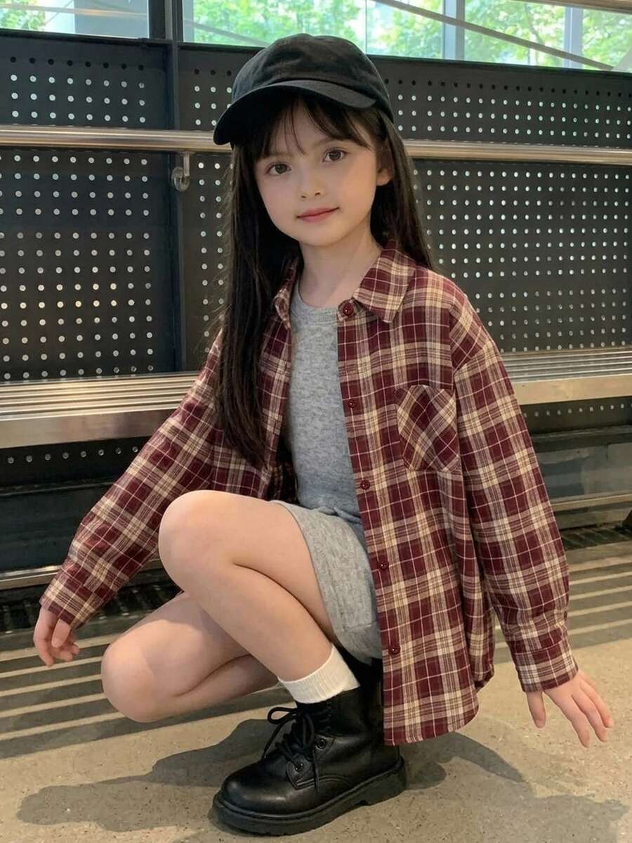 DAZY Tween Girl) Casual Long Sleeve Plaid Shirt With Collar, Basic Autumn Outerwear - Burgundy - View 1