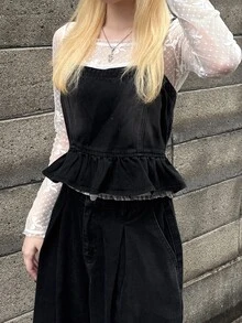 FRIFUL Women's Ruffle Hem Camisole Top And Long Pants Casual Denim Set - Black - View 6