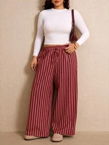 Elaquor Plus Size Minimalist Drawstring Waist Striped Loose Pants - Red - View 5