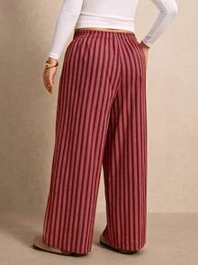 Elaquor Plus Size Minimalist Drawstring Waist Striped Loose Pants - Red - View 2