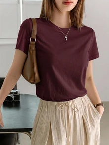 DAZY Women's Solid Color Round Neck Casual Versatile Short Sleeve T-Shirt - Burgundy - View 5