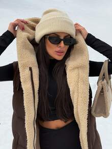 SHEIN Clasi Two-Tone Reversible Padded Zipper Front Pockets Drawstring Hood Vest Jacket - Brown - View 5