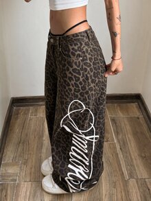 StreetHx Women's Fashion Leopard Print Letter Graphic Wide Leg Denim Jeans - Multicolor - View 7