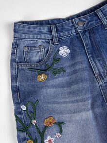 GlowEve Women's Casual Daily Denim Jeans With Pocket, Button And Floral Embroidery Pattern - Blue - View 5