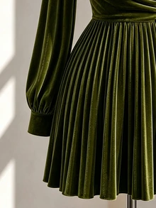 Fine & Folde Women's Elegant Romantic Velvet Pleated Beaded Dress - Olive Green - View 5
