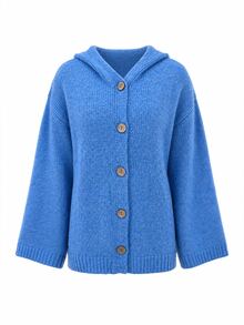 Holdful Holdful Autumn/Winter New Casual Versatile Solid Color Button Hooded Knit Cardigan - Blue - View 1