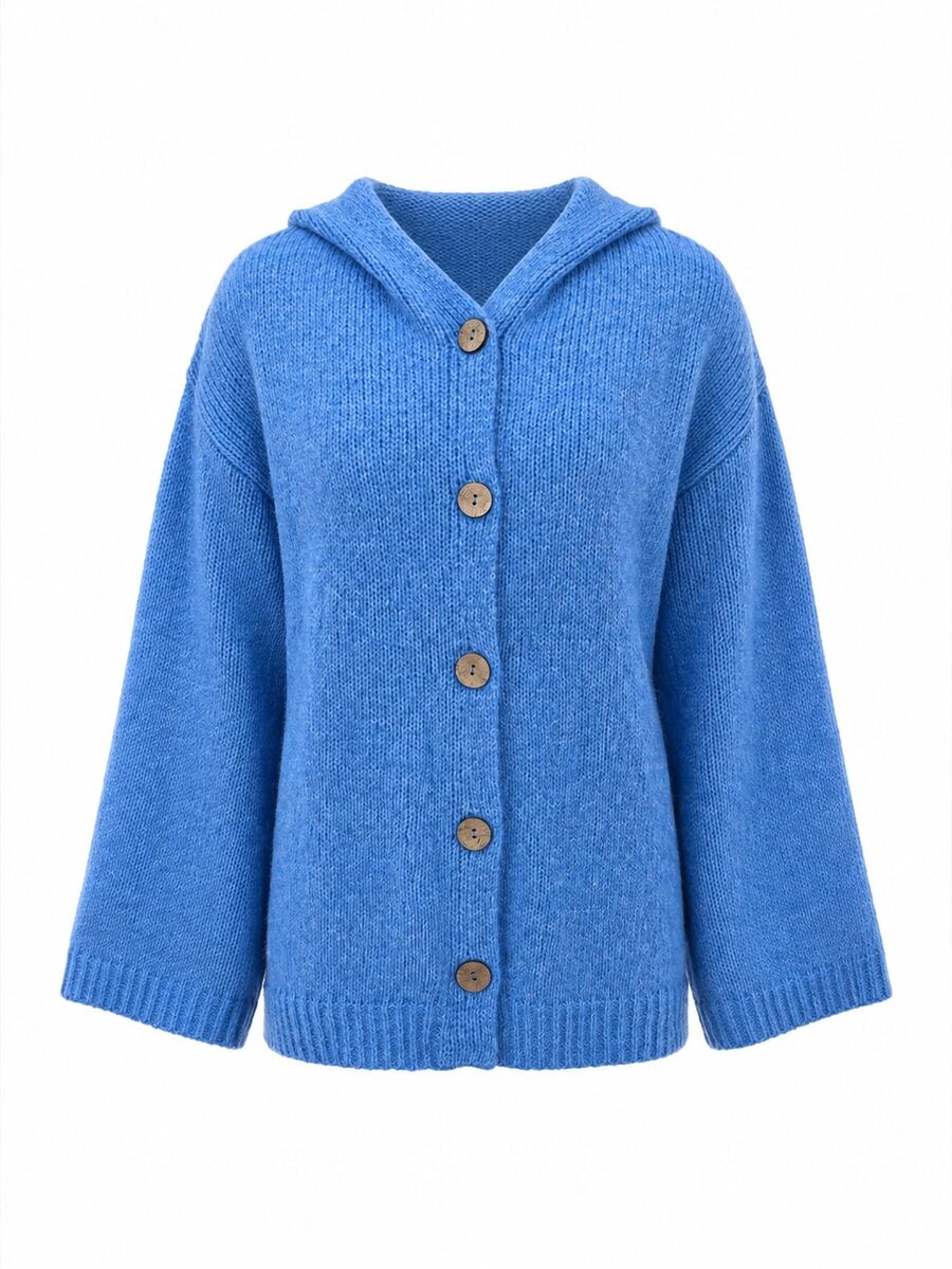 Holdful Holdful Autumn/Winter New Casual Versatile Solid Color Button Hooded Knit Cardigan - Blue - View 1