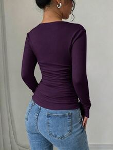 Elenzga 女款白色長袖T恤，開衩袖口、抓皺腰部與U領設計 - 紫色 - 查看 2