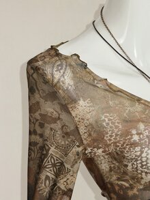 SHEIN ICON 秋季女款西式波希米亞風青色滿版印花V領抓褶優雅長袖襯衫 - 彩色 - 查看 9