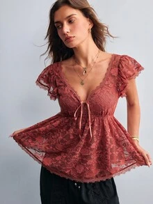 Willow Rêve Women's French Style Lace Tie Top For Date And Outing - Rust Brown - View 1